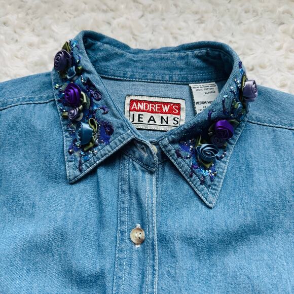 Andrew's Jeans Womens Cotton Denim Embellished Glitter Sleeveless Button Top M - Picture 4 of 10